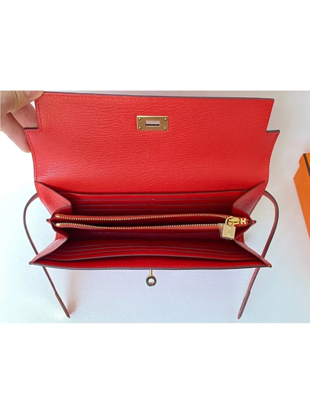 $4.5K Hermès Kelly Long WALLET Rouge Tomato GOLD Hardware Red Leather New